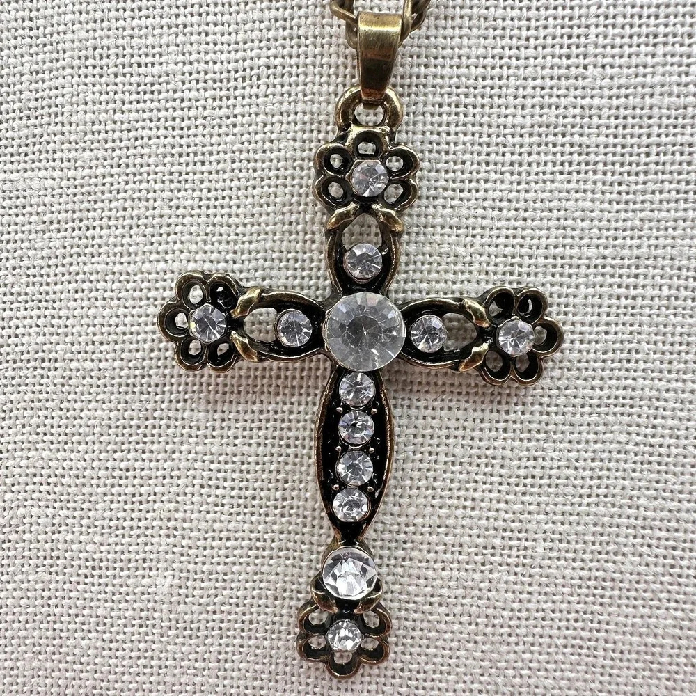 Vintage‎ Y2K Bronze-Tone Gothic Cross Clear Glass Pendant Necklace Retro Jewelry